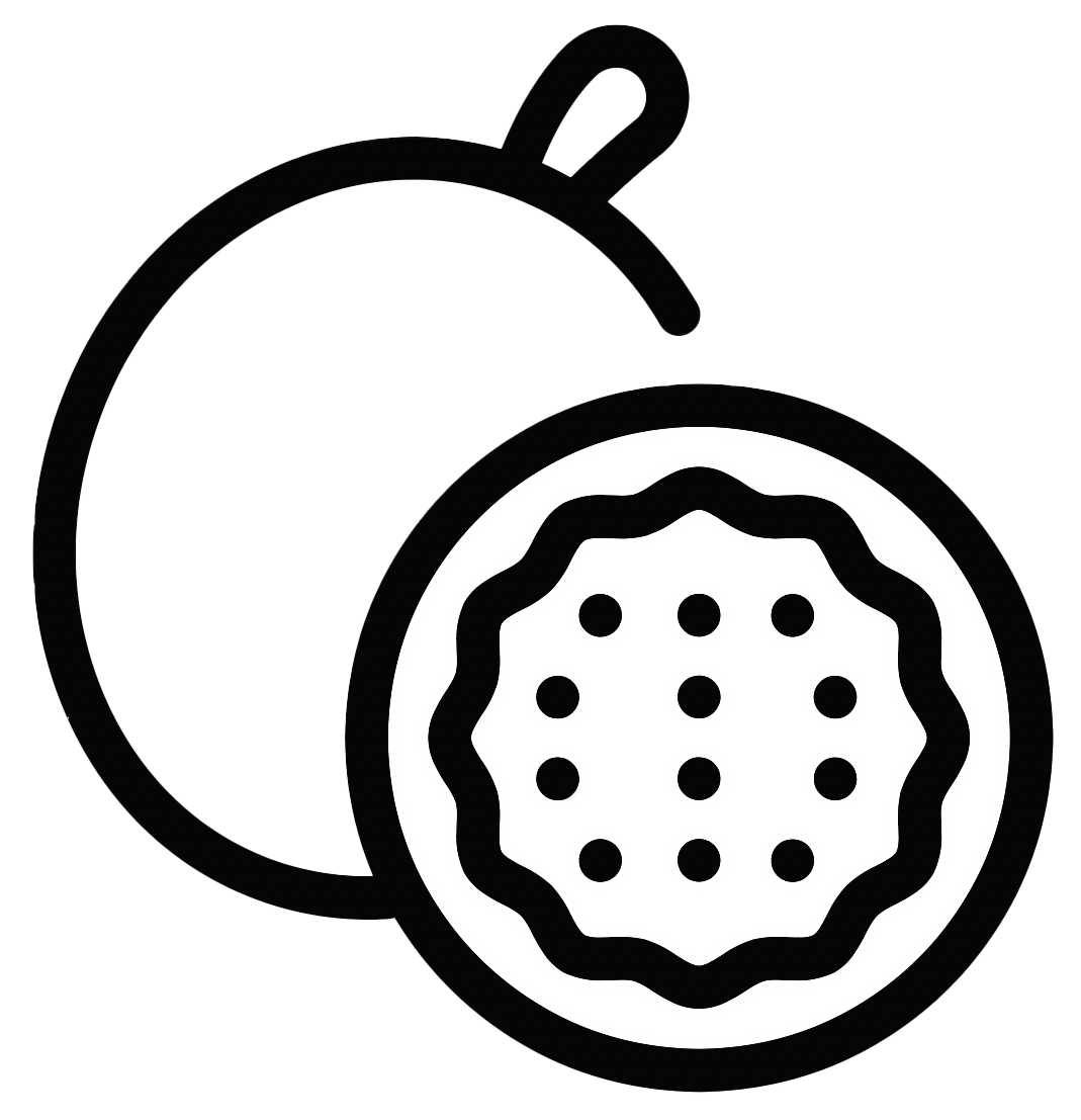 simple black line drawing of a passion fruit cut in half