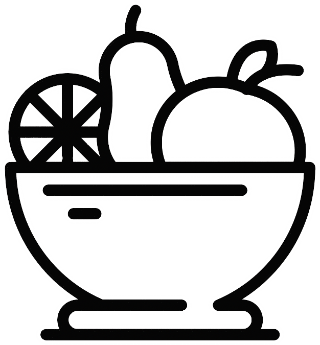simple black line drawing of a bowl with fruit like a pear, orange, and lemon